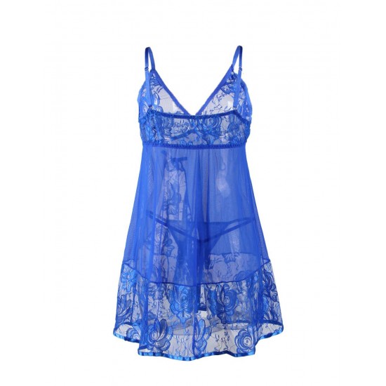 Floral Soft Lace Apron Chemise With Thong