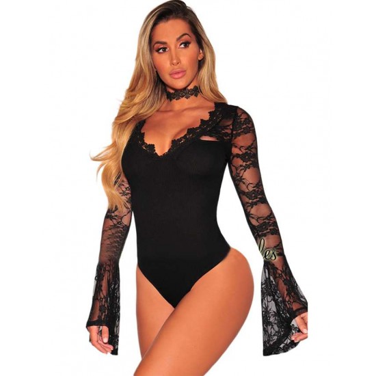 Plus Size Black Eyelashes Lace Horn Sleeve Teddy