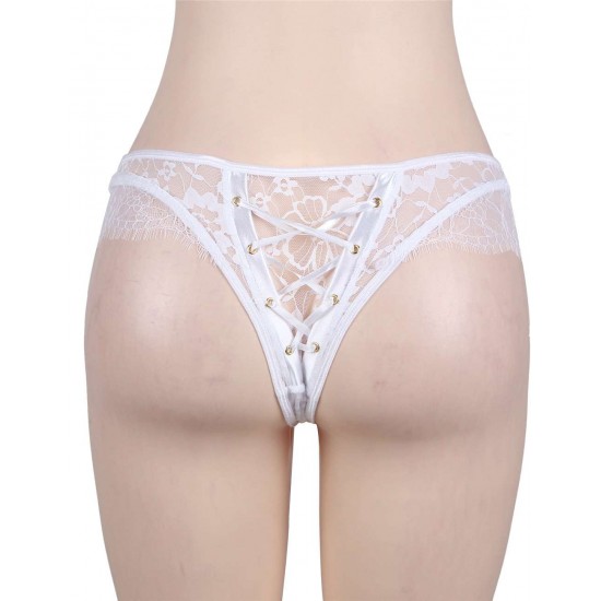 Plus Size White Ribbon Eyelashes Lace Panty