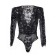 Plus Size Black Eyelashes Lace Open-chest Long-sleeved Teddy