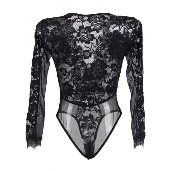 Plus Size Black Eyelashes Lace Open-chest Long-sleeved Teddy