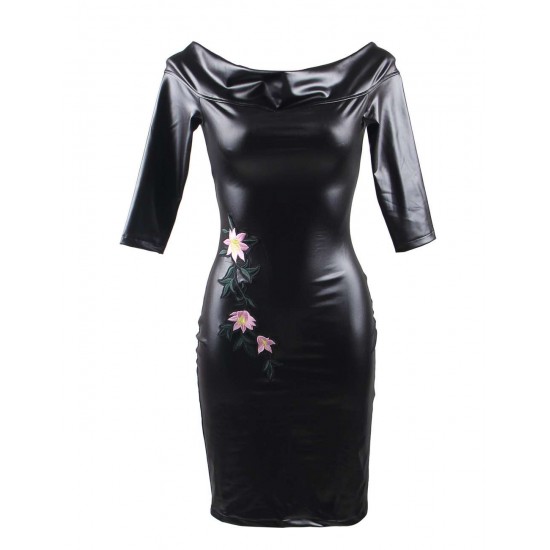 Black Off-Shoulder Embroidery Leather Dress