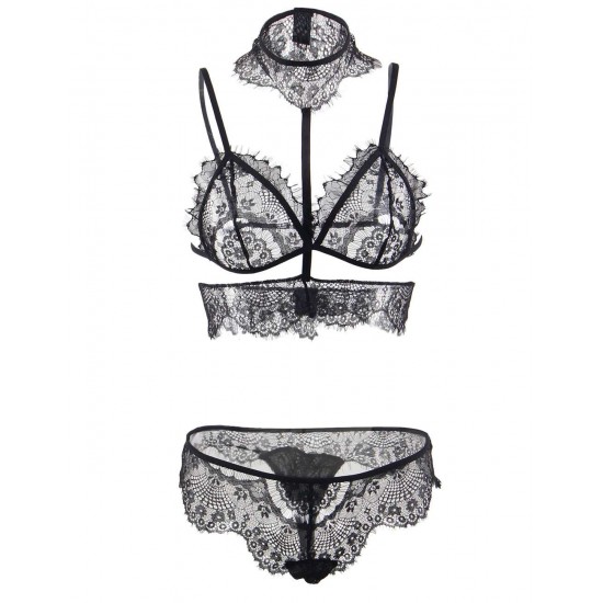 Seductive Strappy Choker Black Lace Bra Set