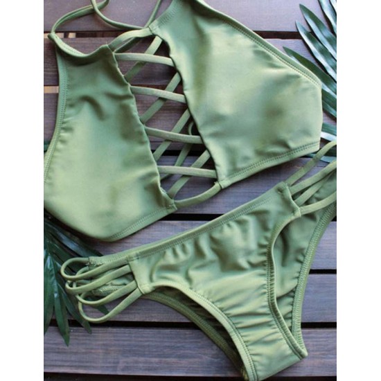 Green Two Piece Lace-up Bikini Swimsuit