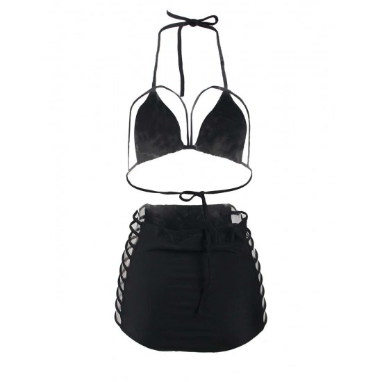 Black Elastic Harness Strappy Sexy Summer Women Bikini Set