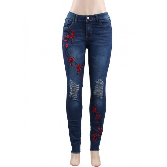 Top Design Embroidery Ripped Women Jeans