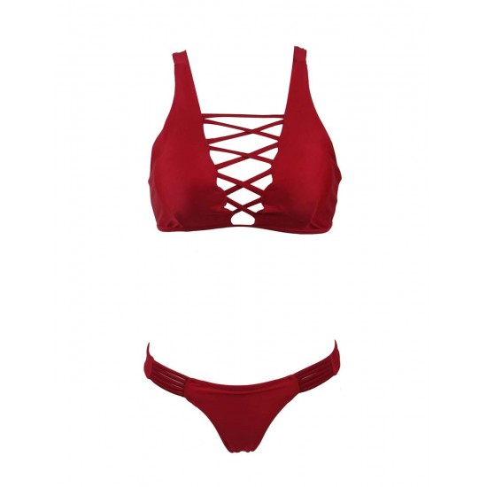 Ladies Dark Red Padded Gather Sexy Bikini Set