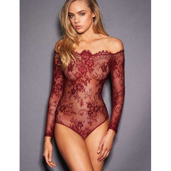 Plus Size Red Eyelashes Lace  Long-sleeved Teddy