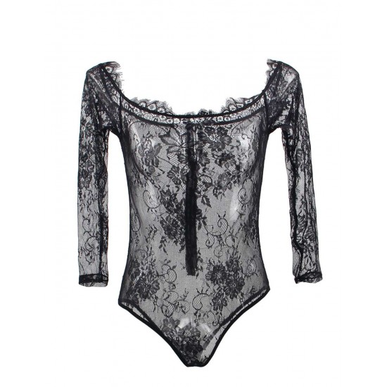 Plus Size Black Eyelashes Lace Long-sleeved Teddy