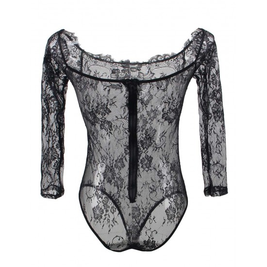 Plus Size Black Eyelashes Lace Long-sleeved Teddy