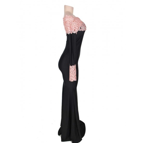 Boat Neck Pink Lace Evening Gown