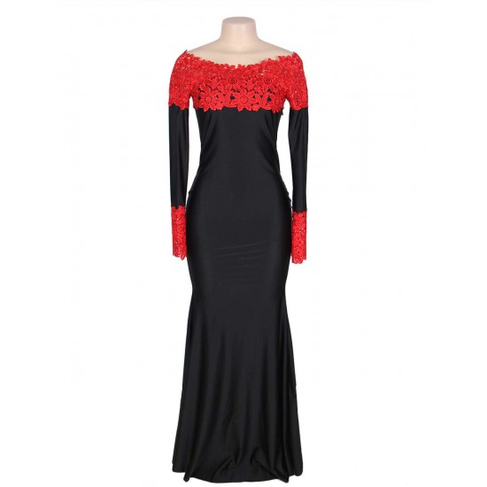 Boat Neck Red Lace Evening Gown