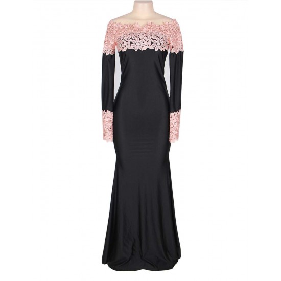 Plus Size Boat Neck Pink Lace Evening Gown