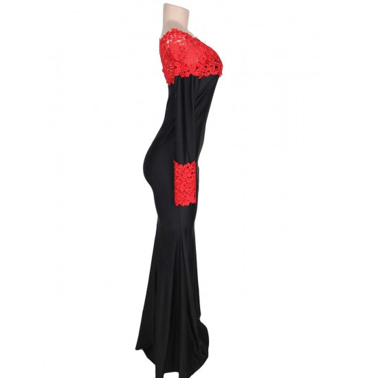 Plus Size Boat Neck Red Lace Evening Gown