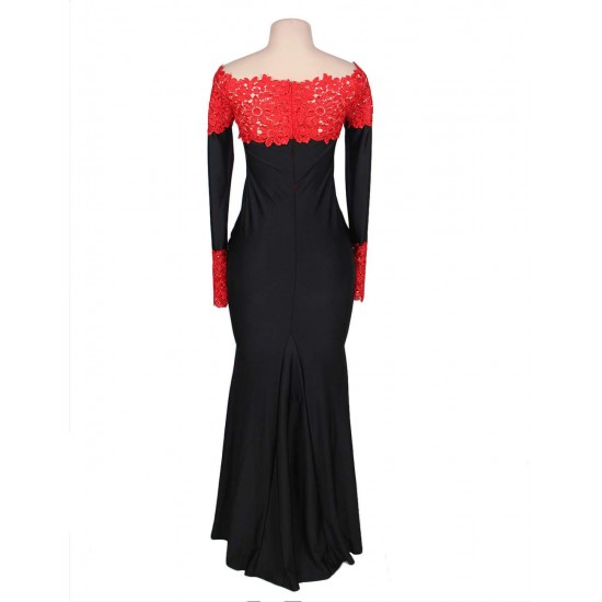 Plus Size Boat Neck Red Lace Evening Gown