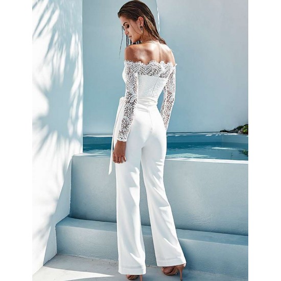 White Falling shoulder lace stitching fashion jumpsuit