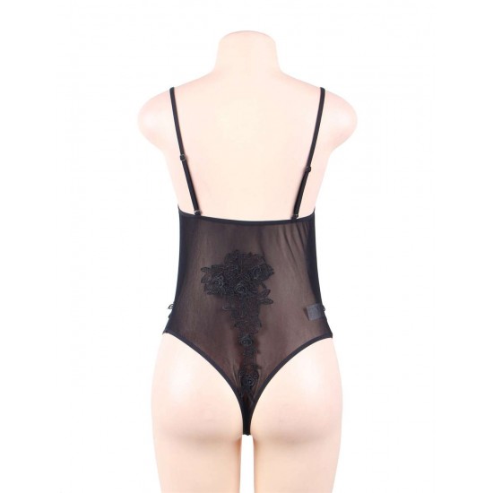 Black Floral Embroidered Sheer Mesh Teddy