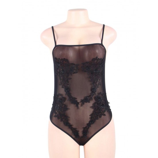 Black Floral Embroidered Sheer Mesh Teddy