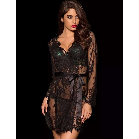 Black Eyelash Lace Sleepwear Gown