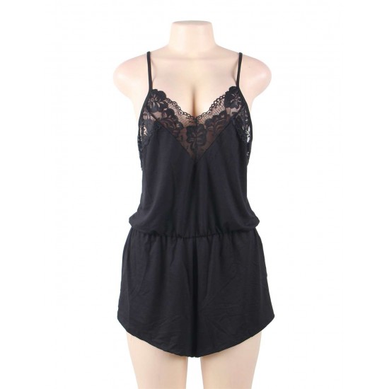 Black Lace Spliced Sexy Sling Teddy