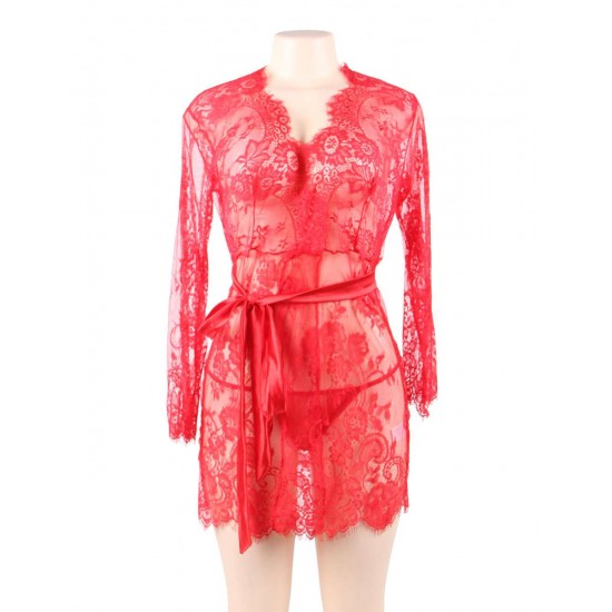 Plus Size Red Eyelash Lace Sleepwear Gown