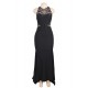 Embroidery High Neck Keyhole Backless Black Party Gown