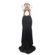 Embroidery High Neck Keyhole Backless Black Party Gown