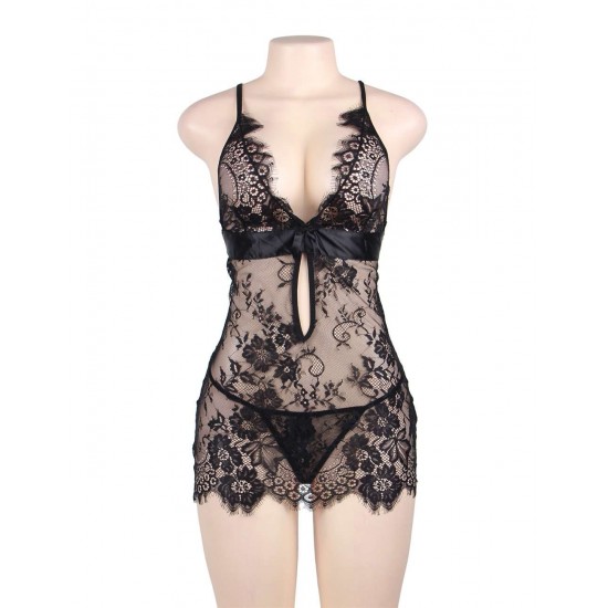 Plus Size Black Eyelash Lace Sexy Babydoll