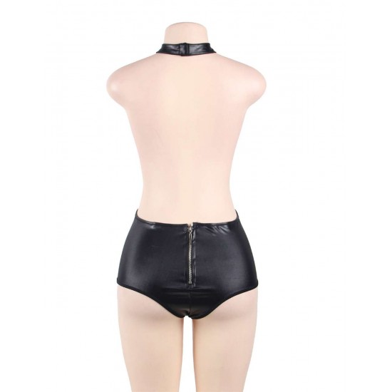 Plus Size Black Leather Choker Neck Teddy