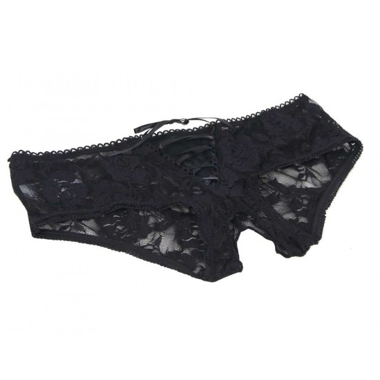 Black Plus Size Open Crotch Strappy Lace Thongs