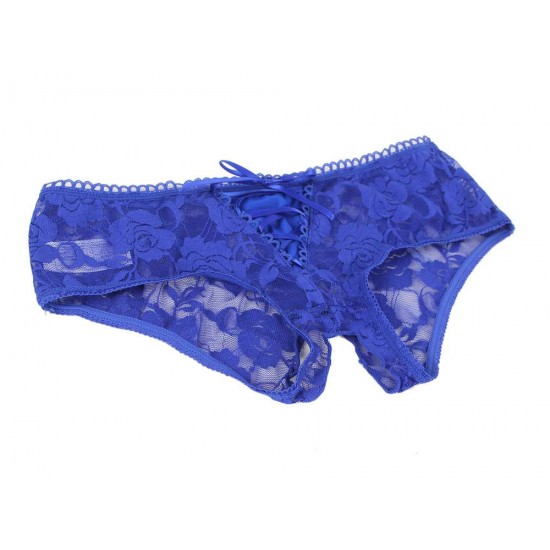 Blue Open Crotch Strappy Plus Size Lace Panty Thongs