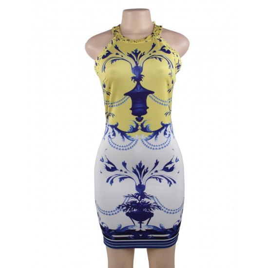 Printed Backless Tight Dress