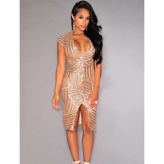 In Stock Rose Gold Sequins V Neck Sexy Dress 