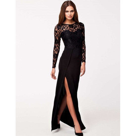 Black Lace Long Sleeve Evening Dress