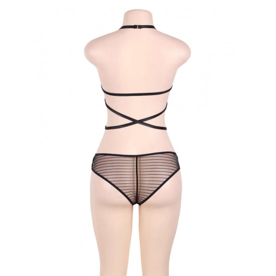 Plus Size Black Backless Striped Lace Teddy