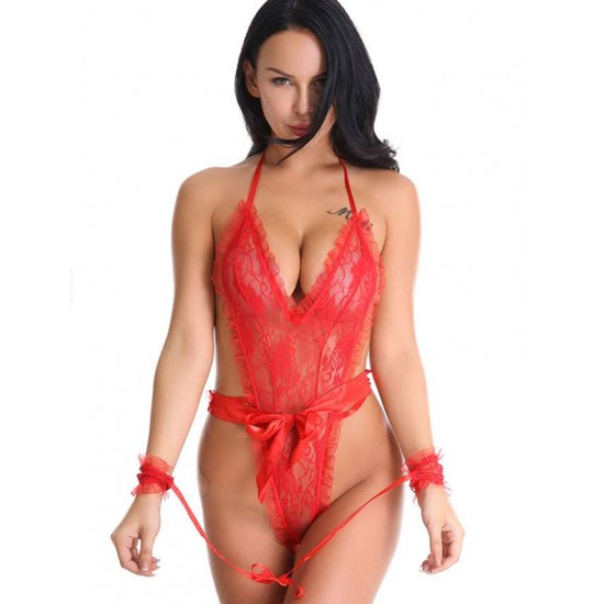 Lace Ruffle Teddy with Wrist Restraints