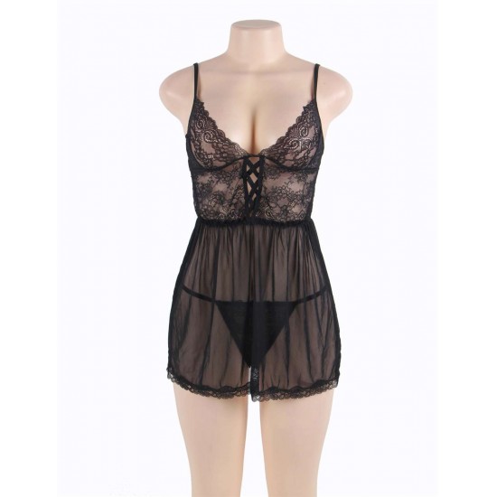 Elegant black lace straps Babydoll Set