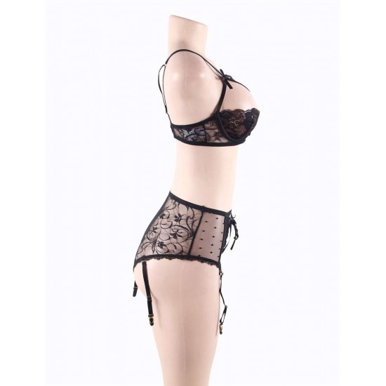 Black Lace Open Bust Bra And Garter Panty Set With Steel Ring