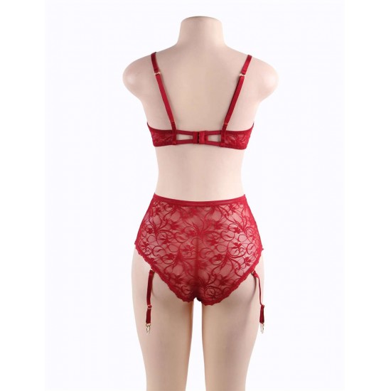 Red Lace Open Bust Bra And Garter Panty Set With Steel Ring