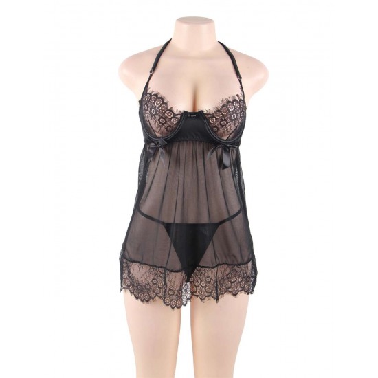 Sexy Black Sheer Floral Eyelash Trim Lace Babydoll Set