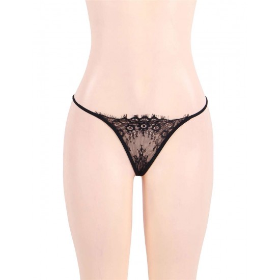 Hot Eyelash Black Lace 3pcs Bra Panty Set