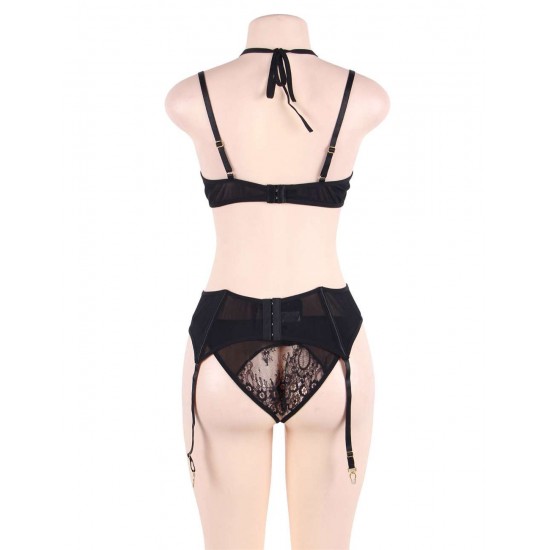 Hot Eyelash Black Lace 3pcs Bra Panty Set