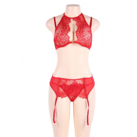 Sexy 3pcs Red Eyelash Lace Bra Panty Set