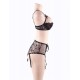 Plus Size Black Lace Open Bust Bra And Garter Panty Set With Steel Ring