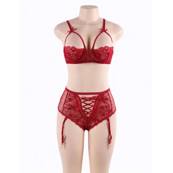 Plus Size Red Lace Open Bust Bra And Garter Panty Set With Steel Ring