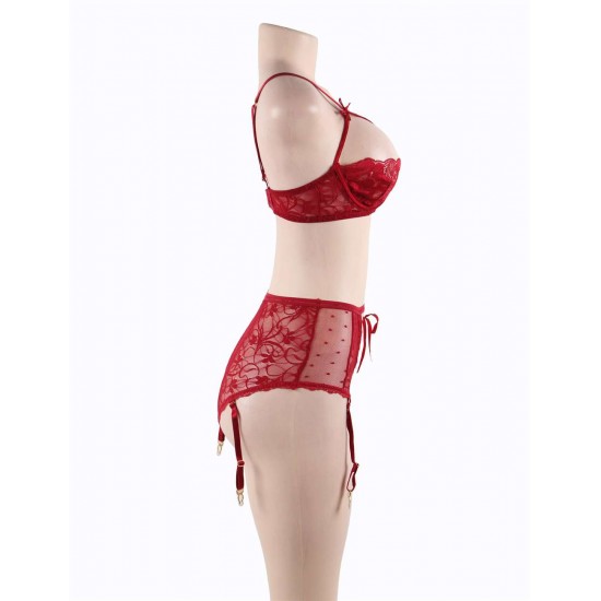 Plus Size Red Lace Open Bust Bra And Garter Panty Set With Steel Ring