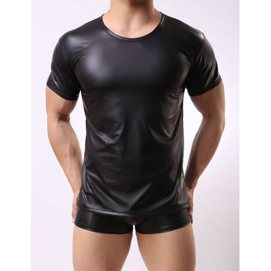 Men's Leather Underwear Short Sleeve T-shirt Undershirt Lingerie Top