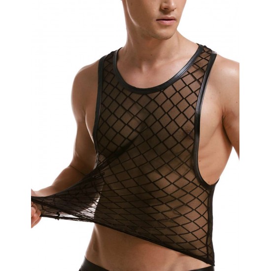 Men Sexy Mesh Plaid Transparent Tank Tops Undershirts For Fun Party Vest 