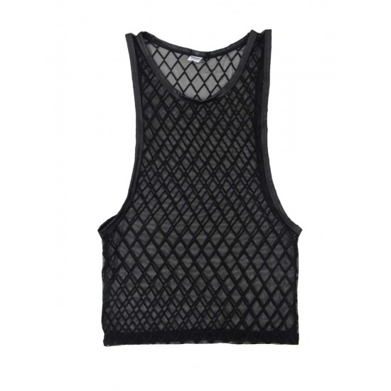 Men Sexy Mesh Plaid Transparent Tank Tops Undershirts For Fun Party Vest 