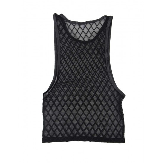 Men Sexy Mesh Plaid Transparent Tank Tops Undershirts For Fun Party Vest 